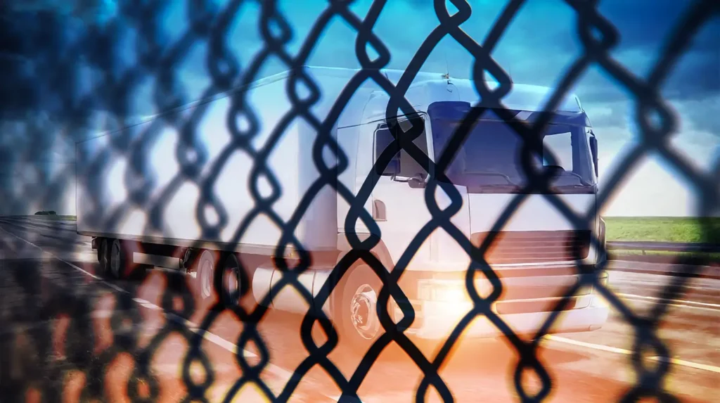large truck behind a chain link fence