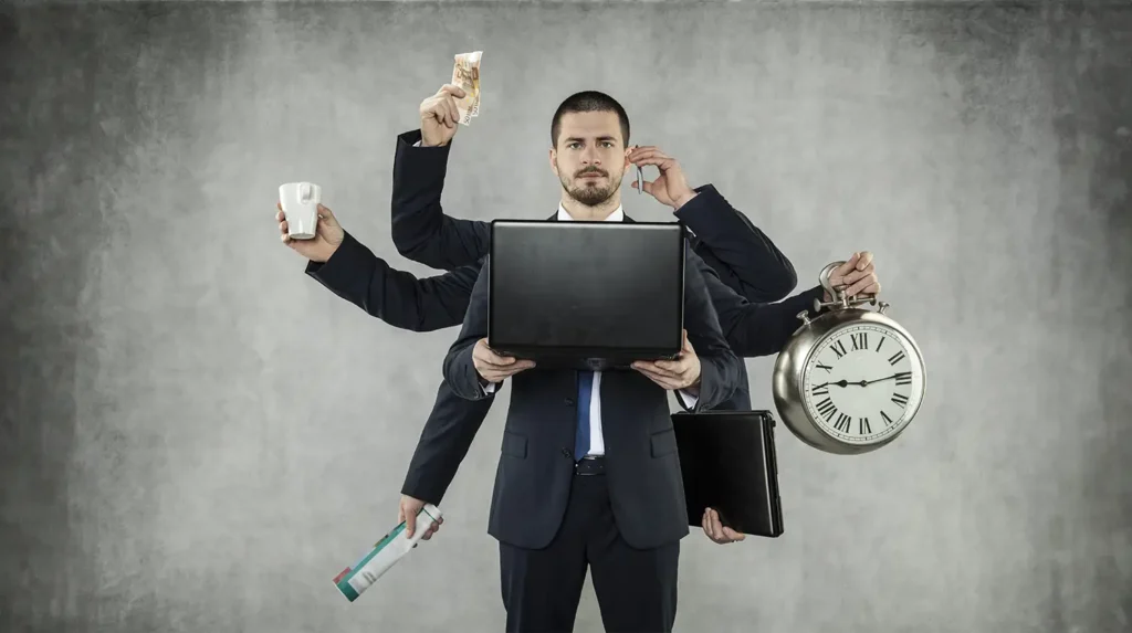man with multiple arms on the phone, computer and holding a clock