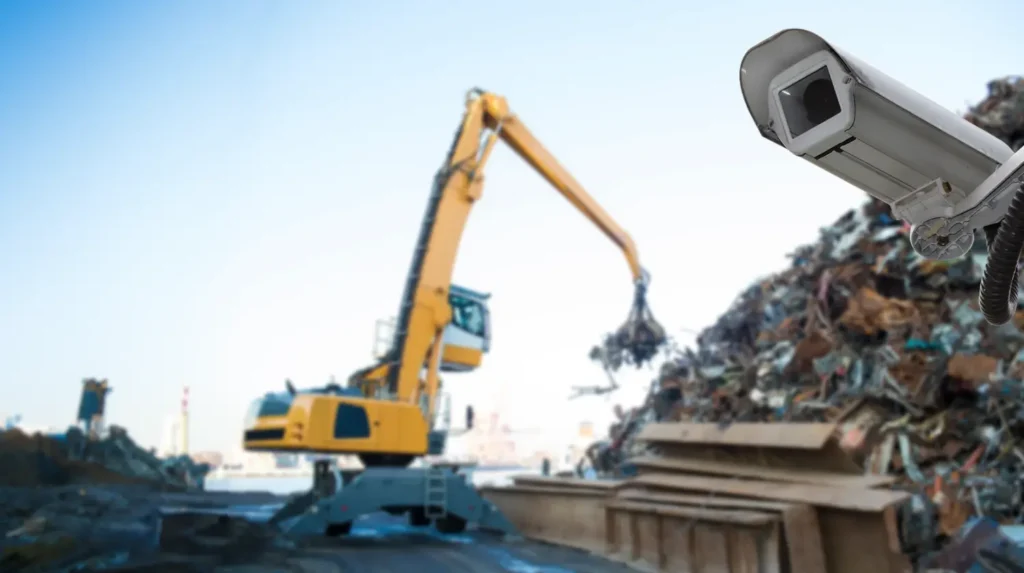 A surveillance camera at a scrap yard with a yellow crane in the background