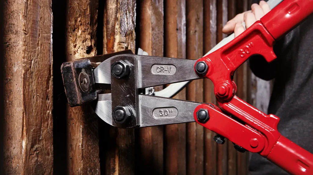 A bolt cutter with red handle cutting a lock on a fence