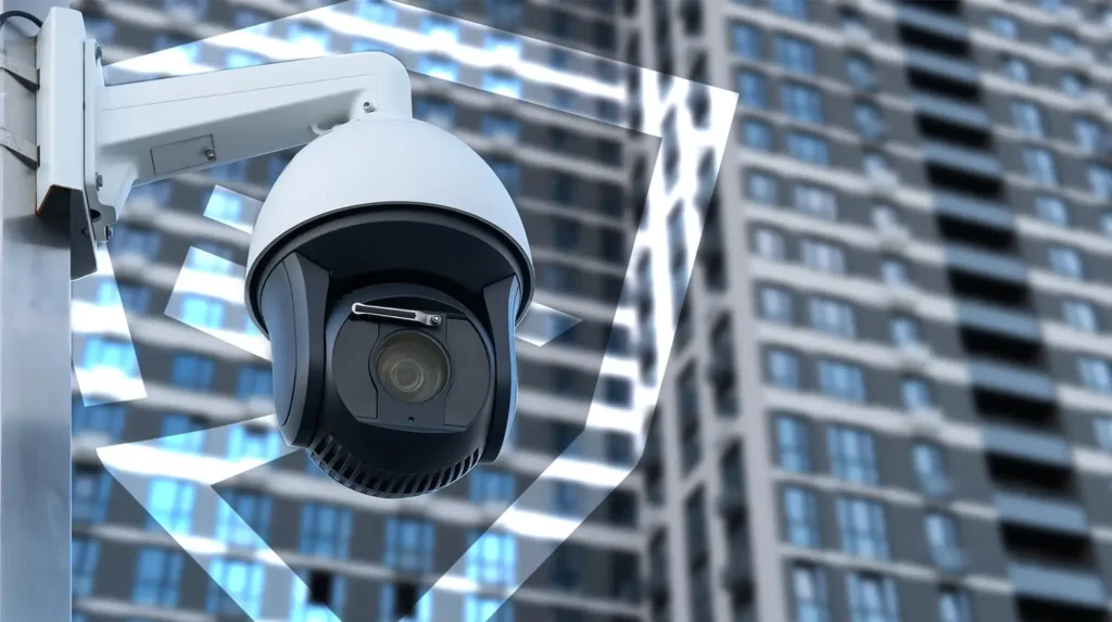 security camera and Stealth logo in front of an apartment building