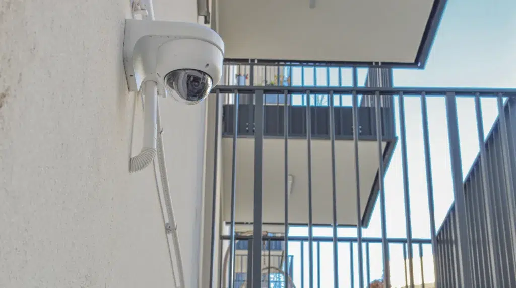 security camera on a balcony with iron fence