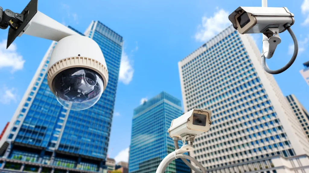 Different types of security cameras and high-rise buildings