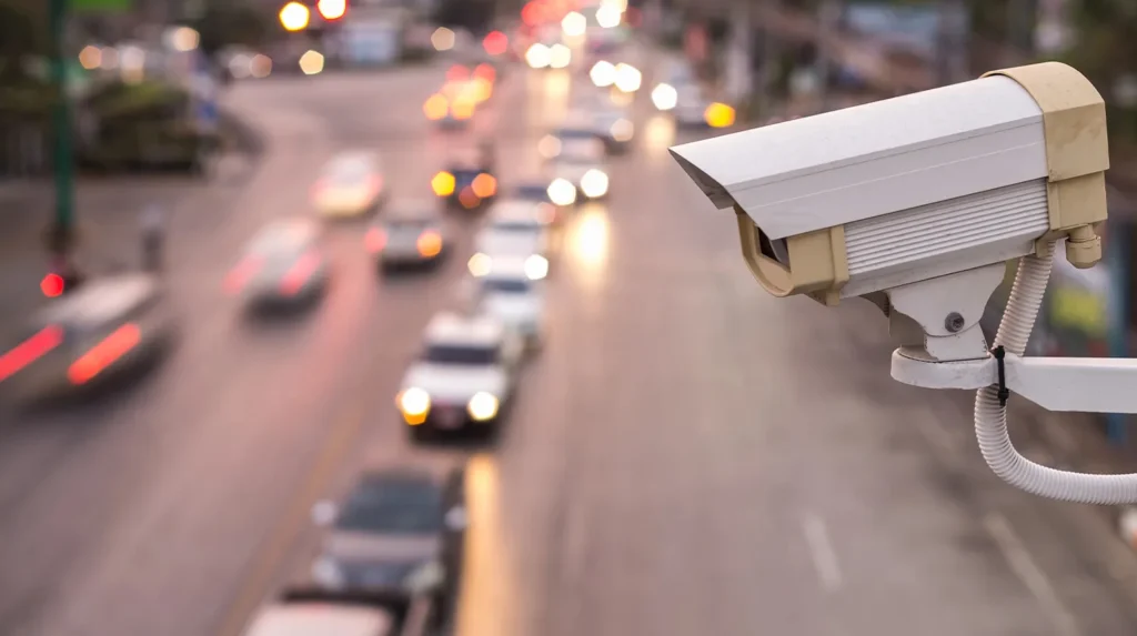CCTV meaning showing a security camera monitoring traffic