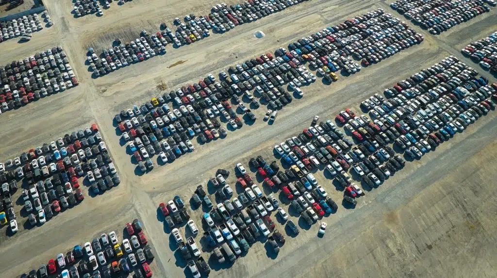 aerial shot of parking lot filled with cars