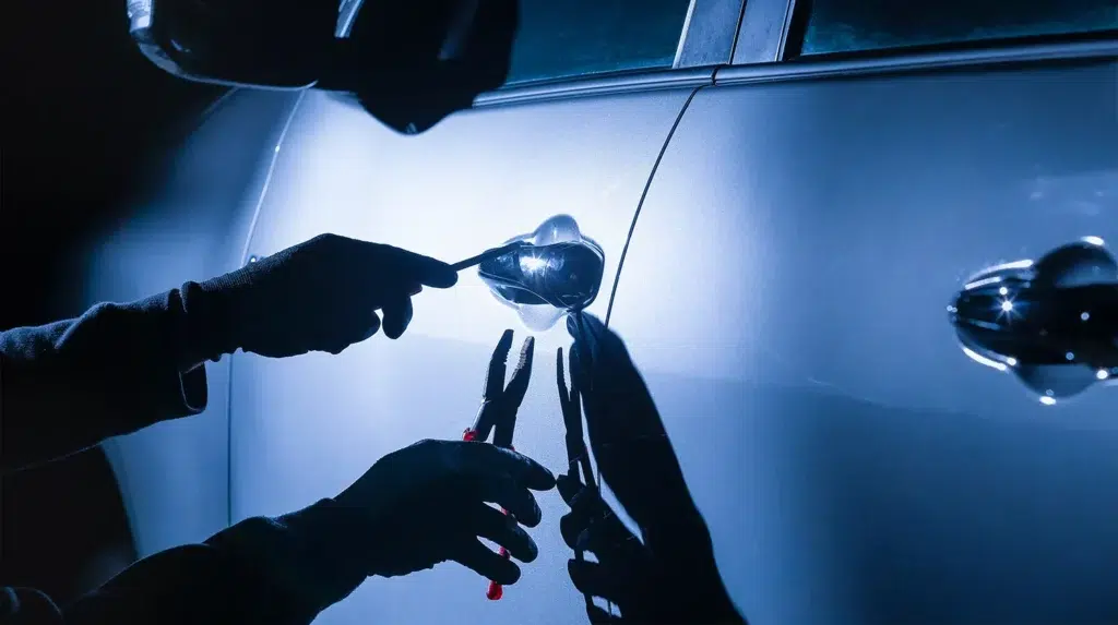 Person wearing gloves using tools to open car door handle