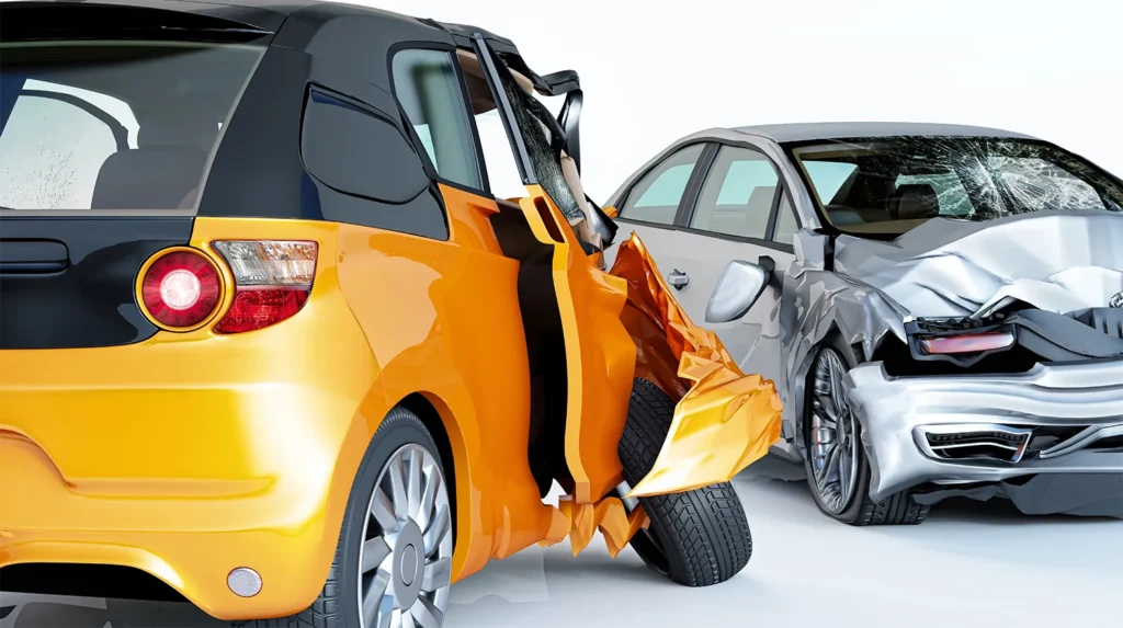 A banged up yellow car and silver sedan