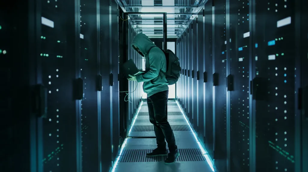 a man in a hoodie holding a laptop threatening data center security