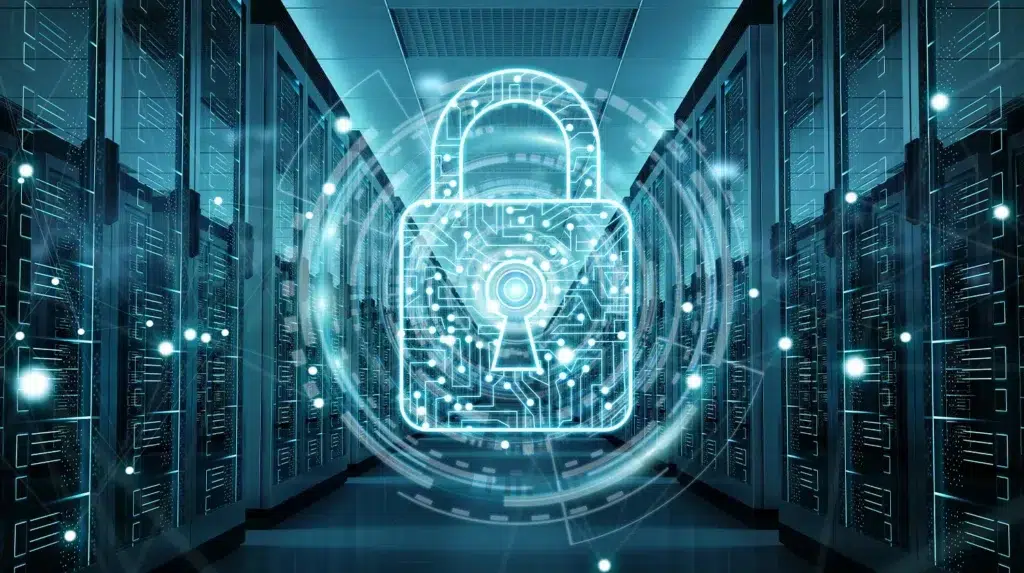 a blue lock in a room with many servers