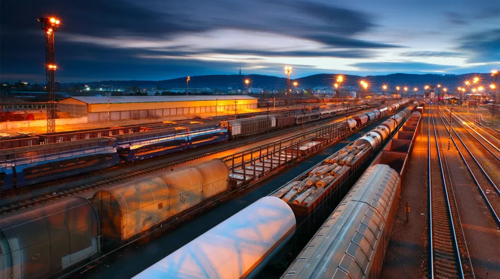 trains in a railyard