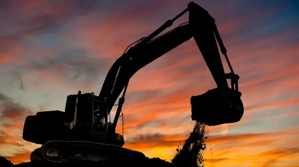 a backhoe digging a dirt mound