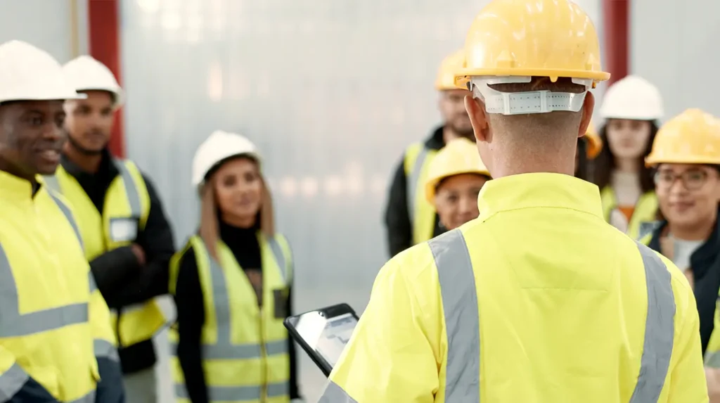 group of people in hard hats and yellow reflective vests