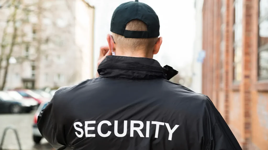 back of a security guard wearing a cap