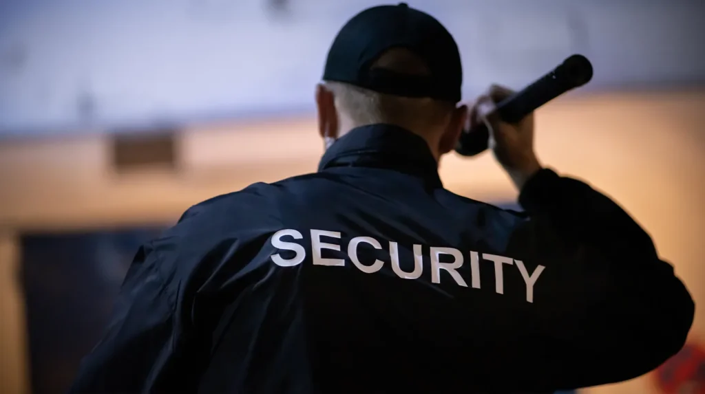 back of a security guard holding a flashlight