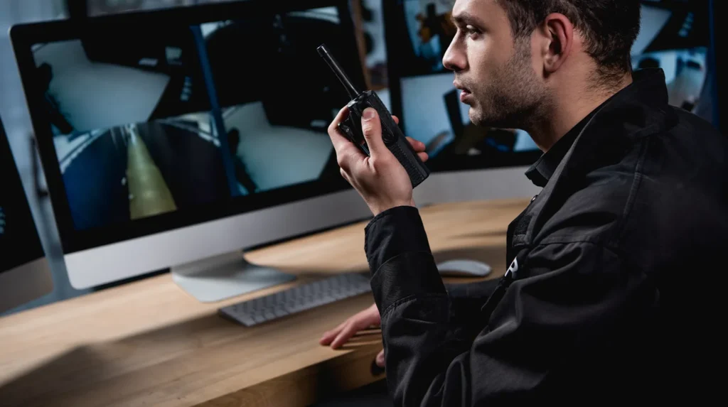 man with a walkie-talkie in front of computer screens 