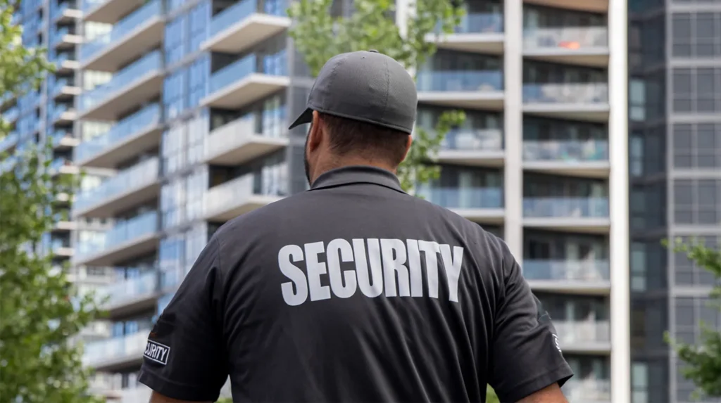 security guard in front of an apartment building