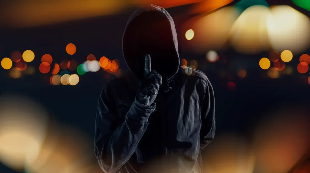 person in dark hoodie with index finder in front of a blacked-out face