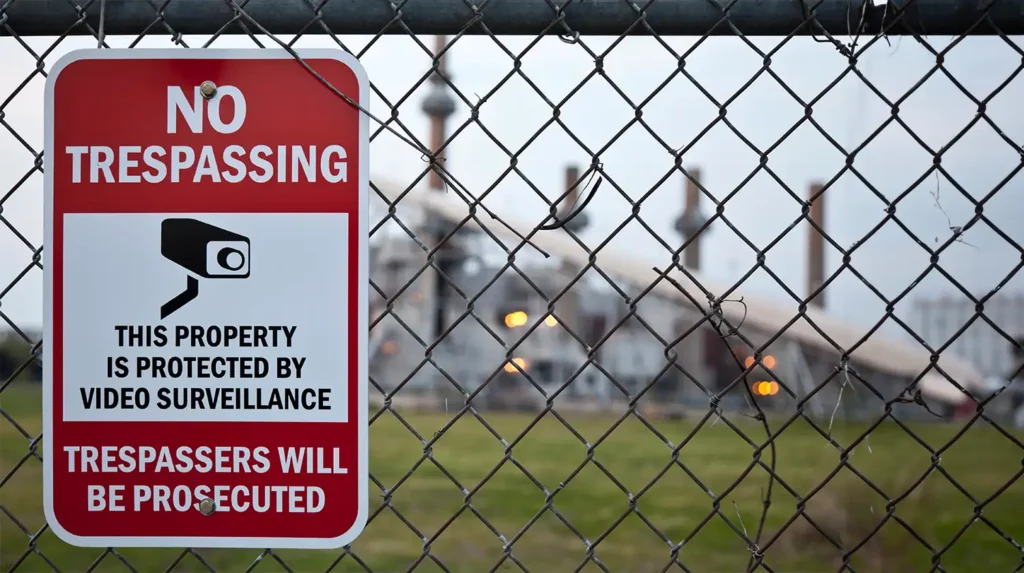 No trespassing sign on chain-link fence