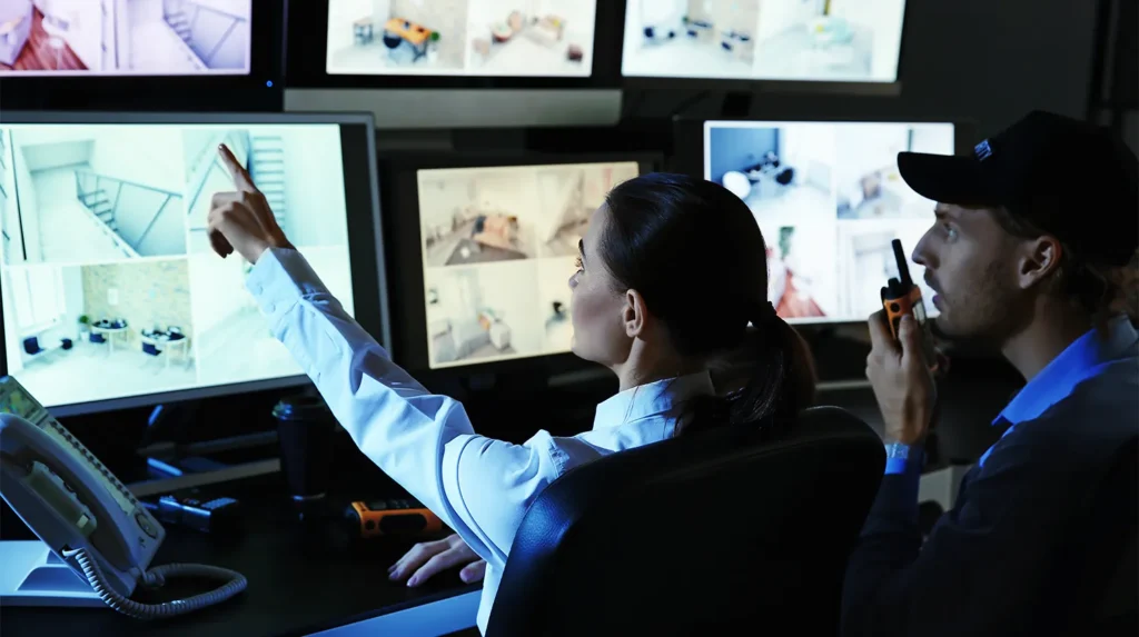 a woman sitting in front of several monitors with a security guard